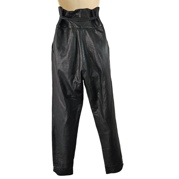 90s High Waist Leather Pants Laced Belt Slash Pockets Curved Hem Womens 26 Black - Picture 3 of 11